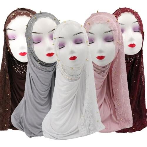 Muslim Women Lace Hijab Scarf Islamic Beads Long Shawl Headscarf Hijabs Head Wrap Arab Middle East Stole Full Cover Prayer Hat