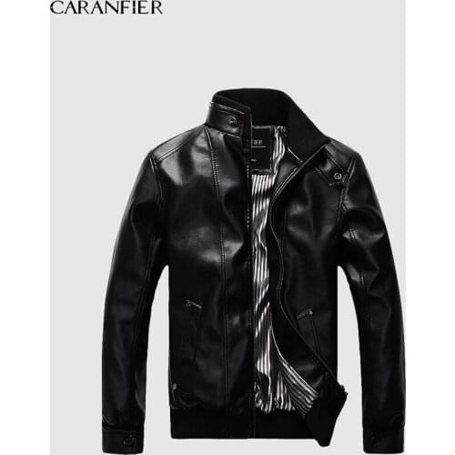 CARANFIER Motorcycle Leather Jacket Men Fashion Patchwork Design Printed Leather Jacket Male PU Zipper Overcoat Jaqueta De Couro