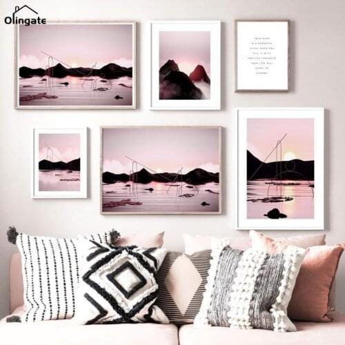 Pink Sun Mountain River Cloud Canvas Painting Nordic Posters and Prints Landscape Wall Art Pictures for Living Room Decor