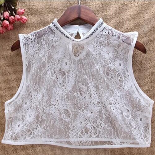 Detachable Chiffon Original decorative letter lattice wild shirt Pearl Cute shirt lace wild summer decoration white fake shirt