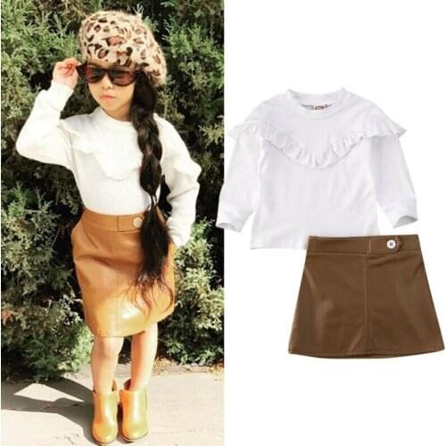 2PCS Toddler Baby Girl Autumn Winter Clothes T-shirt Tops PU Leather Mini Skirt Outfits Girls Clothing Set