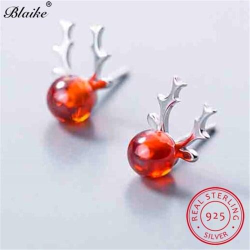 Blaike Cute Girls Red Crystal Earrings 925 Sterling Silver Animal Elk Antlers Stud Earrings For Women Topaz Small Earrings Gift