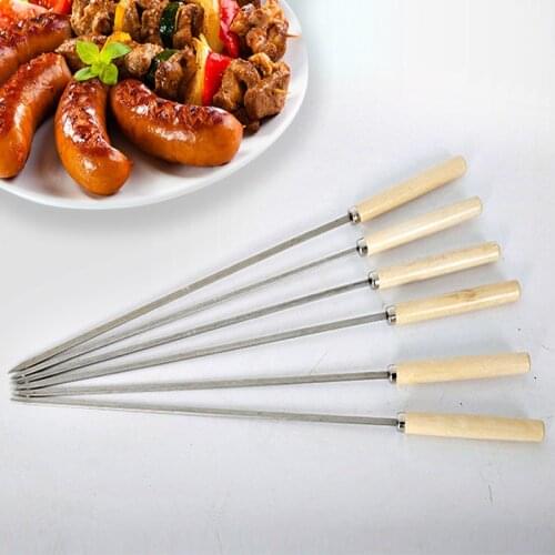 Wooden Handle BBQ Skewers Roast Meat Prod Flat Skewer Long Grill Sticks Outdoor Stainless Steel BBQ Tools Kabob Skewers 6pcs/set