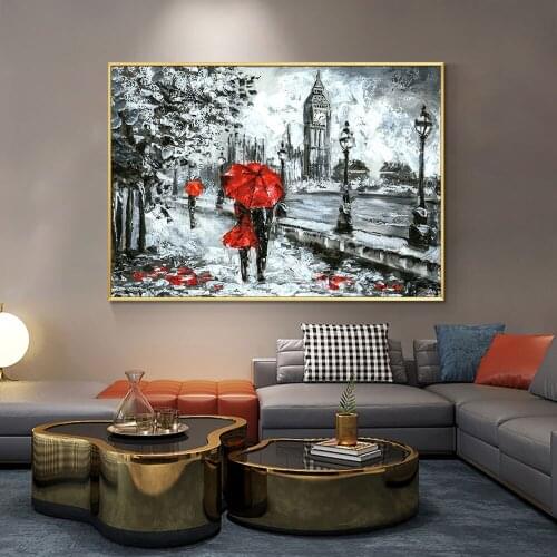 Nordic Abstract Painting On Canvas People With Red Umbrellas Poster And Print Wall Art Picture For Modern Living Room Home Decor