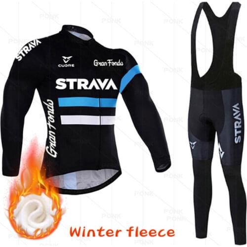 Warm 2021 STRAVA Winter Thermal Fleece Cycling Jersey Set Mens Outdoor Riding MTB Ropa Ciclismo Bib Pants Set Cycling Clothing