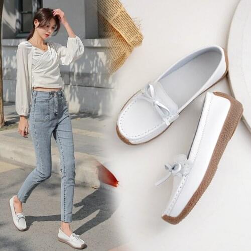 Walking Shoes for Women Casual Korean Bow Slip on Driving Loafers Comfortable Leather Moccasins Mother Outdoor Flat Shoes