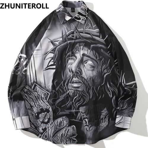 Streetwear Vintage Shirts Old Man Print 2021 Shirt Hip Hop Casual Blouse Harajuku Loose Long Sleeve Fashion Button Autumn Tops