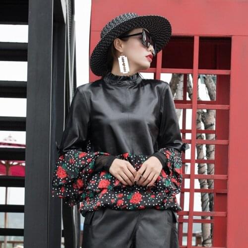 Autumn Sheepskin Spliced Chiffon T-shirt Women 2020 New Flower Printed Fashion Ruffles Real Leather Tops Ladies Slim Streetwear