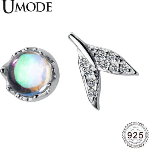 UMODE Mermaid Tail Asymmetric 925 Sterling Silver Stud Earring Women Real Round Colored Glass s925 Earrings Fine Jewelry ULE0560