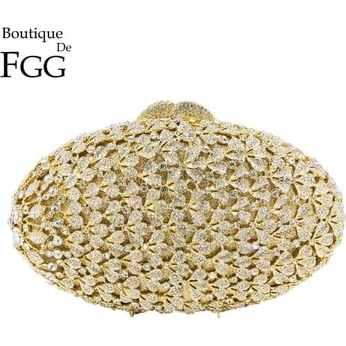 Boutique De FGG Hollow Out Flower Crystal Evening Purse Women Fashion Minaudiere Handbag Wedding Party Diamond Floral Clutch Bag