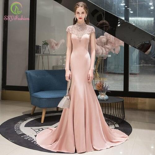 SSYFashion New High-end Evening Dress Luxury Pink Mermaid High-neck Crstal Beading Fishtail Long Formal Gowns Vestidos De Noche