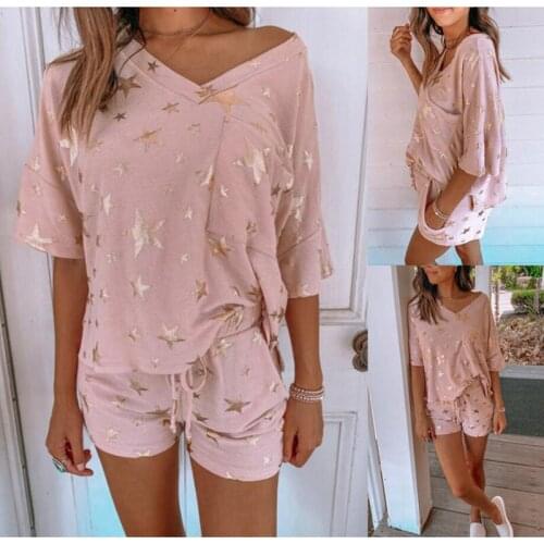 Stars Printed Short Sleeve Casual Home Suit Pajamas Summer Pink Women Home Wear V Neck Sleepwear Home Clothing