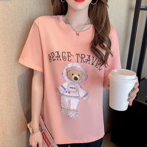 2021Summer Casual Diamonds T-Shirt Women Cotton Short Sleeve Tee Shirt Women Knitted Black White O-neck Korean Tops Female