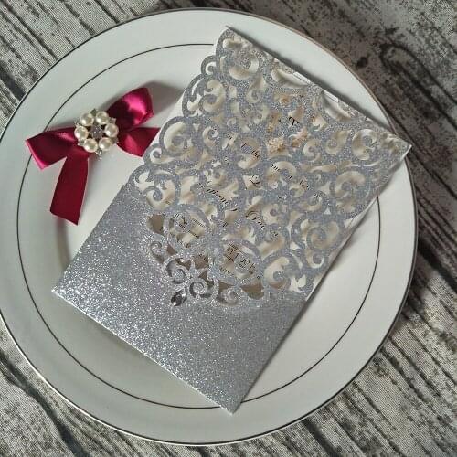 50X Silver Customized Print Wedding Party Cards DIY Glittery Floral Quinceanera Invitation with Rhinestone and Envelope