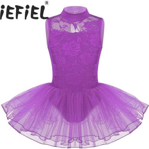 Children Kids Girls Ballet Tutu Dresses Girls Turtle Neck Floral Lace Tulle Tutu Ballet Ballerina Gymnastics Leotard for Girls