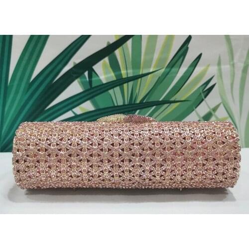 Free Shipping Pink Rhinestone Gold Metal Evening Bags Clutches Party Purse Designer Women’s Diamond Mini Shoulder Chain Handbags