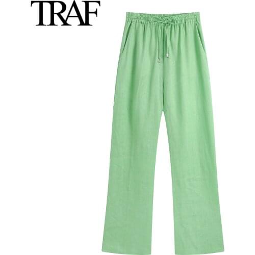 TRAF Za Womens Clothing 2021 Summer Streetwear Elastic High Waist Straight Pants Chic Casual Wide Leg Loose Green Trouser