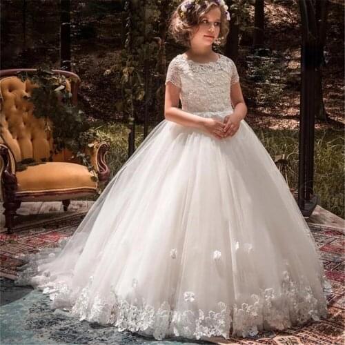 Flower Girls Dresses For Weddings 3D Floral Appliqued Lace Little Kids First Communion Dress Cheap Pageant Gowns