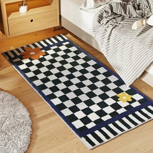 Long Bedside Rug Bedroom Carpet Nordic Fluffy Colorful Plaid Area Floor Pad Mat Doormat Aesthetic Home Room Decor Machine wash