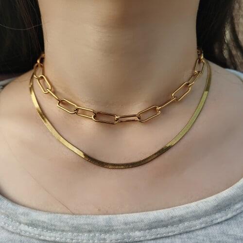 Double Layered Stainless Steel Necklace For Women Girls Herringbone Snake Paperclip Box Rolo Cable Chain Choker New Trend DS11