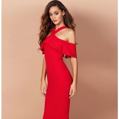 Hot Halter Ruffle Cold Shoulder Short Sleeve Knee Length Bandage Bodycon Pencial Dress