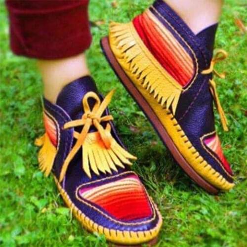 Fashion Women Boots Tassel PU Leather Lace Up Women Shoes Colorful Stripe Round Toe Snow Boots Plus Size Autumn Winter 2020