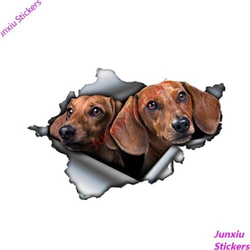 Cartoon 3D Tan Dachshund Car Sticker Torn Metal Decal Bumper Camper Yacht Waterproof Stickers Pet Dog Exterior Decals PVC13x9cm
