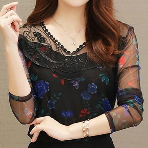 Nova Moda 2019 Mulheres Rendas Blusa de Manga Longa Com Decote Em V Casual Roupas Femininas Casual Bordado