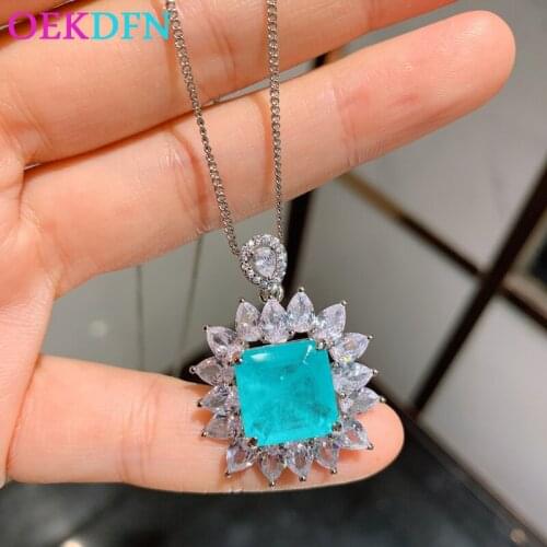 OEKDFN 100% 925 Sterling Silver Necklace Created Moissanite Paraiba Tourmaline Emerald Gemstone Pendent Party Fine Jewelry