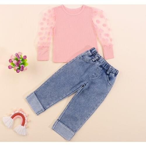 2021 New Autumn Kids Baby Girls Clothes Fashion Mesh Knitted Stitching Tops+High Waist Demin Trousers Spring Infant Clothing Set