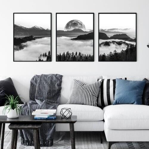 Black White Forest Landscape Photography Posters and Prints Full Moon Nature Large Living Room Home Decoration Canvas Paintings