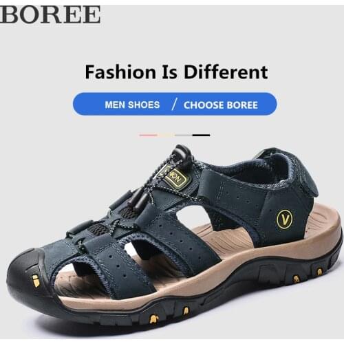 BOREE Summer Men Sandals Genuine Leather Cansual Shoes Flat Wear-resistant Hiking Sneakers Men Shoes Outdoor Water Beach Sandals