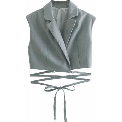 SLMD Stylish Chic Gray Tie Vest Coat Women 2021 Fashion Turn-Down Collar Waistcoat Girls Casual Tops