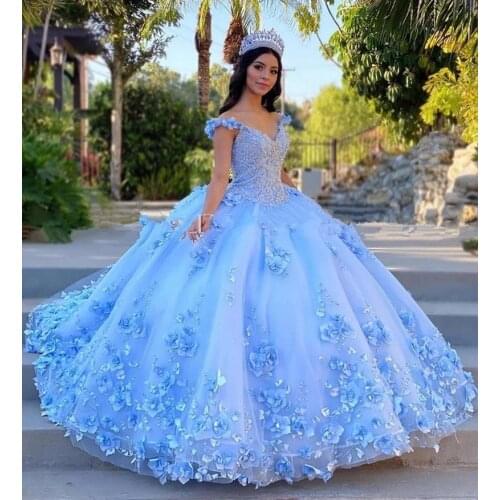 Light Sky Blue Quinceanera Dresses Ball Gown Off Shoulder 3D Rose Flowers Puffy Sweet 16 Dress Celebrity Party Gowns Graduation