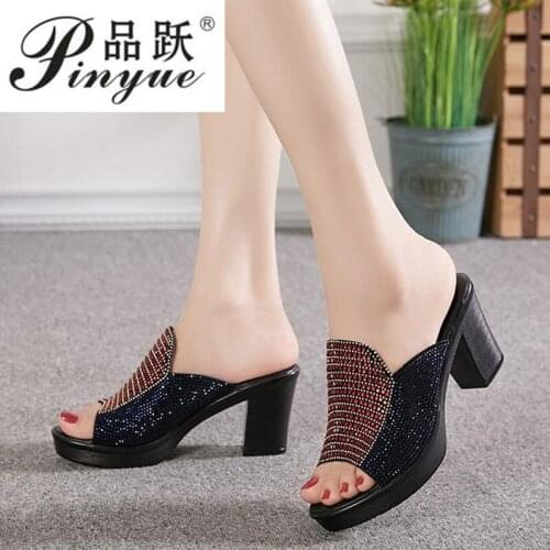 Women Slippers Ladies Summer Slippers Shoes Women High Heels Fashion Rhinestone Genuine Leather Summer Shoes