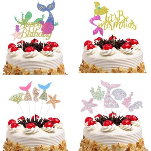 4 Style Ocean Cake Toppers Flags Cupcake Mermaid Cake Topper Kids Birthday Wedding Bridal Cake Wrapper Party Baking DIY Decor