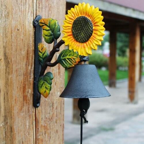 Sun Flower Cast Iron Hand Cranking Wall Bell Hand Painted Black Yellow Green Double-sided Flower Leaves Branch Welcome Door Bell