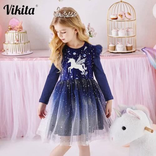 VIKITA Children Unicorn Dresses Girls Birthday Party Performance Prom Gown Elegant Dress Toddlers Long Sleeve Princess Dresses