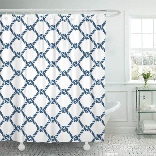 Blue Pattern Marine Rope Knot Nautical Navy Ocean Geometric Shower Curtain Waterproof 72 x 72 Inches Set with Hooks
