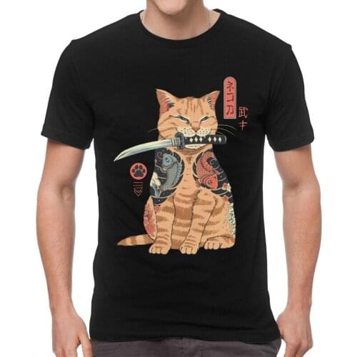 Funny Feline Cat T Shirt Men Short Sleeve Cotton T-shirts Japanese Samurai Cat Tees Top Streetwear Tshirt Gift Idea