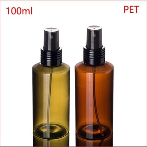 100ML Green/Brown flat shoulder PET empty plastic bottle w mist spray pump makeup container cosmetic Refillable Bottles