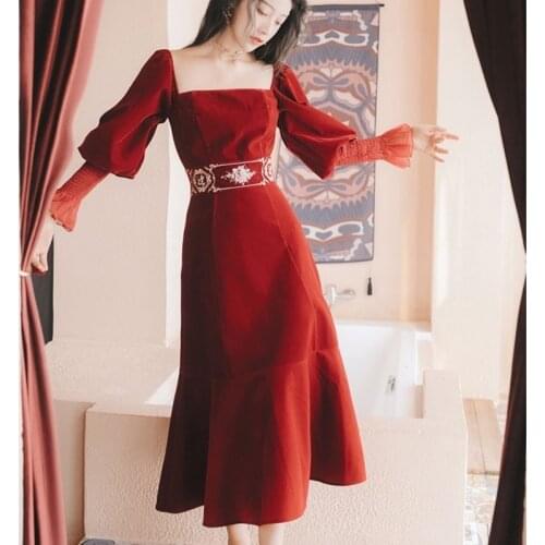 Retro WomenS Clothing 2020 Vintage Autumn Dress Vestidos Puffy Sleeve Solid Robe Femme Casual Dresses 2020 Vestidos 11403