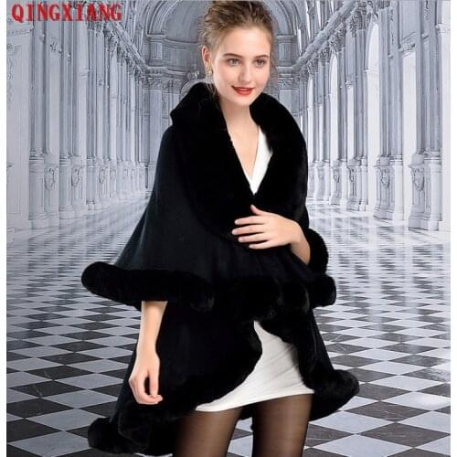 2021 Women Black Grey Faux Fur Two Layers Long Soft Faux Cashmere Poncho Winter Warm Thick Capes Solid Big Pendulum Coat Shawl