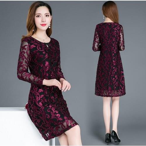 2020 Spring Fall Women Female Full Sleeve Red Green Velvet Flower Mesh Dress , Autumn Stretchy Slim 4xl 5xl Dresses for Woman