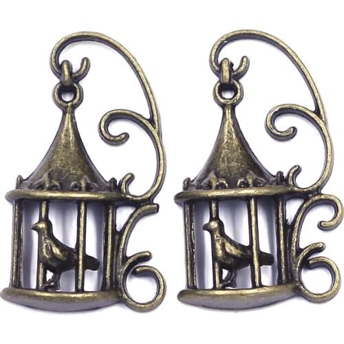 10Pcs Pendants Bird Cage Animal Metal Bronze Tone Jewelry DIY Making Findings Charms 34x20mm
