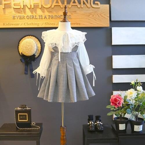 Long Sleeve White Lace Tops Grid Strap Skirt Princess Outfits Girl Clothing 2-7T 2Pcs Toddler Kids Girls Clothes Set