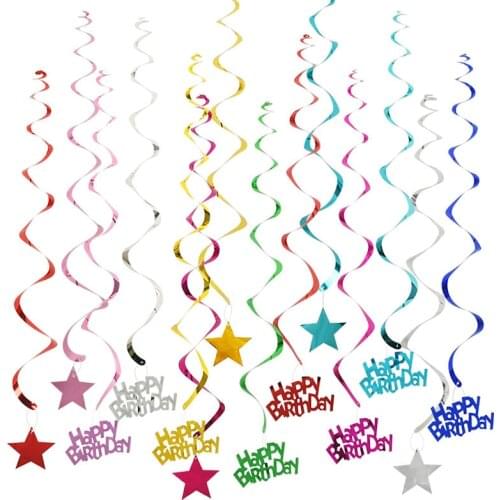 6pcs/set Happy Birthday Spiral Banner Ceiling Hanging Decor Star Garland PVC Swirl Banner for Kids Birthday Party Decoration