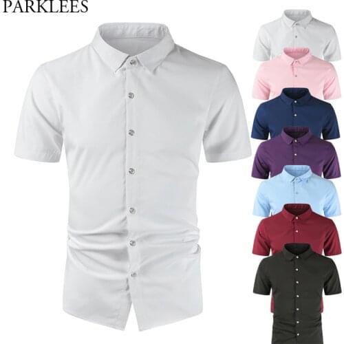 White Silk Shirt for Men Solid Slim Fit Mens Shirts Smooth Comfortable Men Dress Shirt Casual Business Men Short Sleeve 7 colors