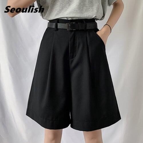 Plus Size 2020 New Summer Casual Half Pants with Belt High Waist Chic Wide Leg Pants Elegant Workwear Loose Trousers Pocket