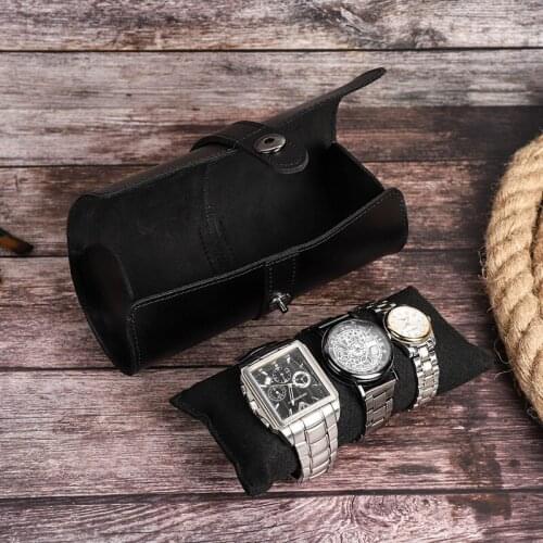 Cow Leather 3 Slot Watch Box Handmade Watch Roll Travel Case Wristwatch Pouch Exquisite Retro Slid in Out Organizer（Black